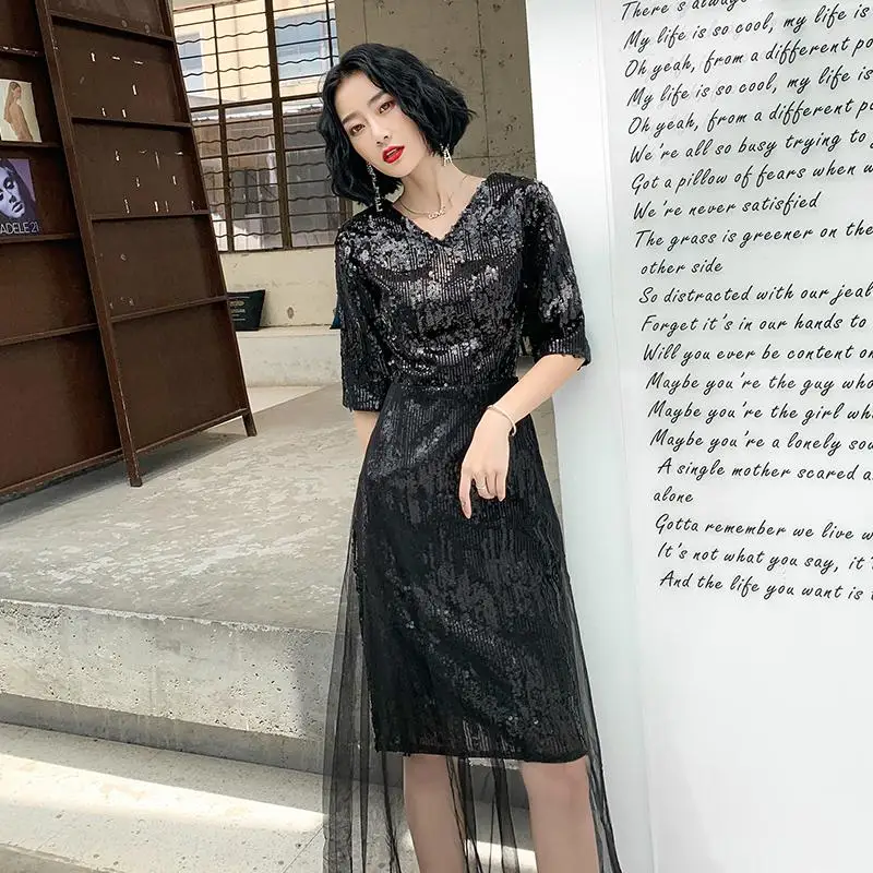 Женское платье большого размера, Qipao, сексуальное, рукав-фонарик, а-силуэт, Сетчатое, вечерние, платье для выпускного вечера, Осень-зима, новинка, черное, длинное, Cheongsam Vestidos Defesta - Цвет: Style 5