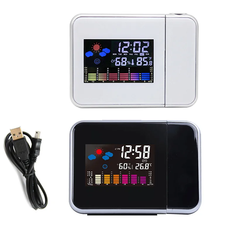 LED Digital Projection Alarm Clock Temperature Thermometer Desk Time Date Display Projector Calendar USB Charger Table Led Clock