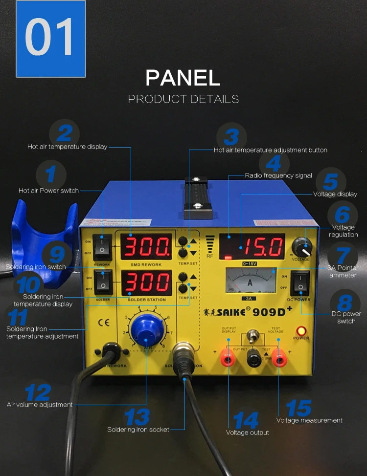 SAIKE 909D+ 3 в 1 горячий воздух паяльная станция источник питания 15V 3A De паяльная станция