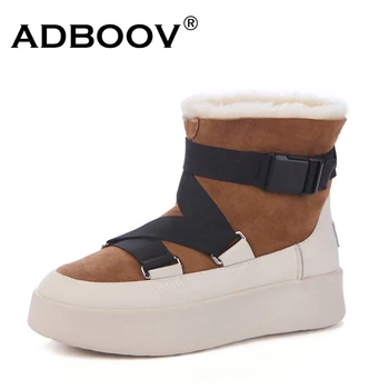

ADBOOV Sheepskin Snow Boots Women Real Wool Fur Boots Genuine Leather Flat Ankle Boots Furry Warm Winter Shoes Woman