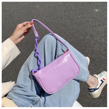 

Purple baguette bag Women Baguette Zipper Shoulder Bags Handbags sac PU Leather Street Casual Solid Messenger baguette bag 2020