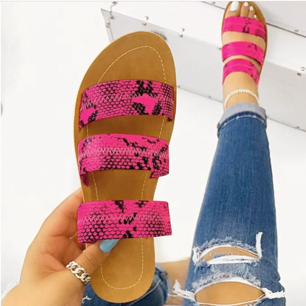 

Retro Women Rome Style Slippers Summer Beach Snakeskin Casual Flat Shoes Female Plus Size Serpentine Leather Outdoor Slipper