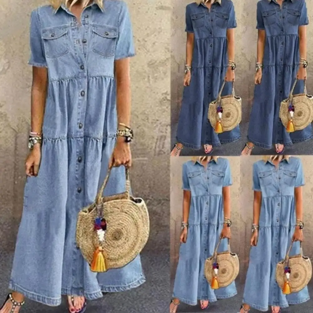

Women Summer Autumn Denim Long Dresses Retro Button Pockets Jeans Maxi Dress Ladies Casual Dresses
