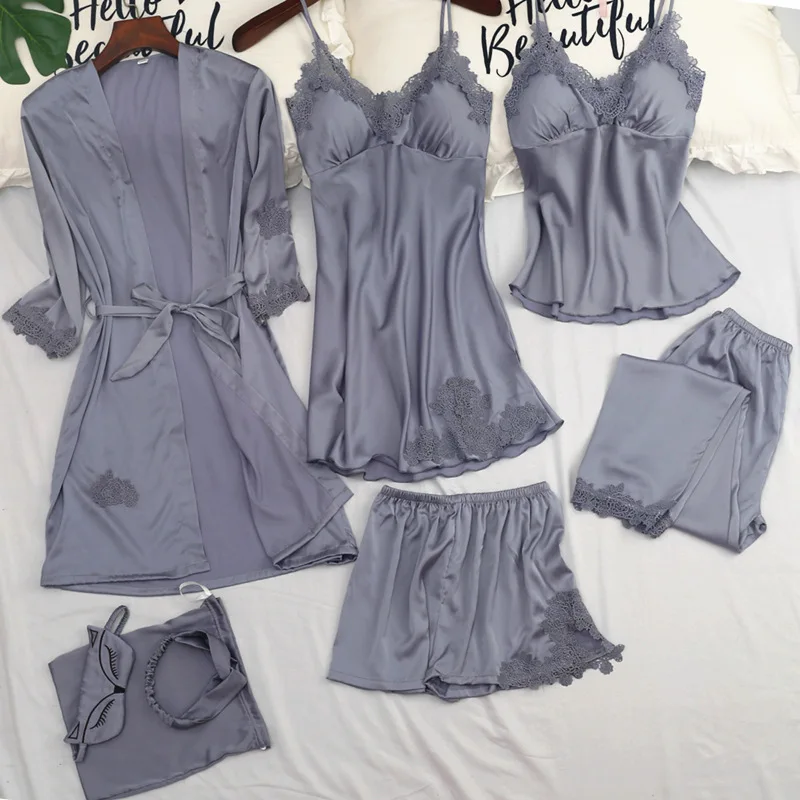 Gray Womens M-XL 7PC Strap Top Pants Suit Pajamas Sleepwear Sets Spring Autumn Home Wear Nightwear Kimono Robe Bath Gown