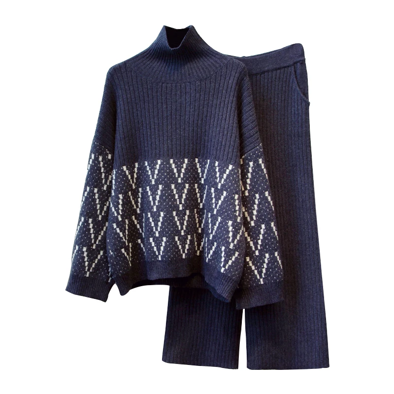 

Women Knit turtleneck Pant Suit Pullovers Sweaters+Wide leg Pant Two Pieces Clothing Sets Winter Fall Warm Suit