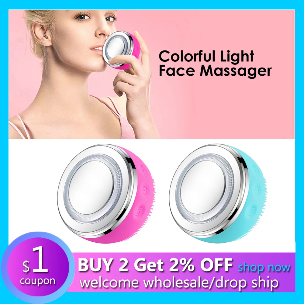 

Ultrasonic Silicone Face Cleansing Brush Colorful Light LED Photon Therapy Massager Microcurrent Vibration Facial Ion Cleaner