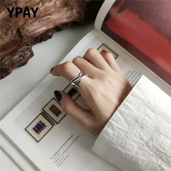 

YPAY 100% Solid 925 Sterling Silver Weave Adjustable Rings Vintage Korea Irregular Line Finger Ring Fine Party Jewelry YMR821