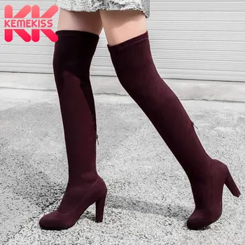 

KemeKiss Women Thigh High Boots Sexy Pointed Toe Casual Zipper High Heel Shoes Women Winter Keep Warm Stretch Boots Size 34-43