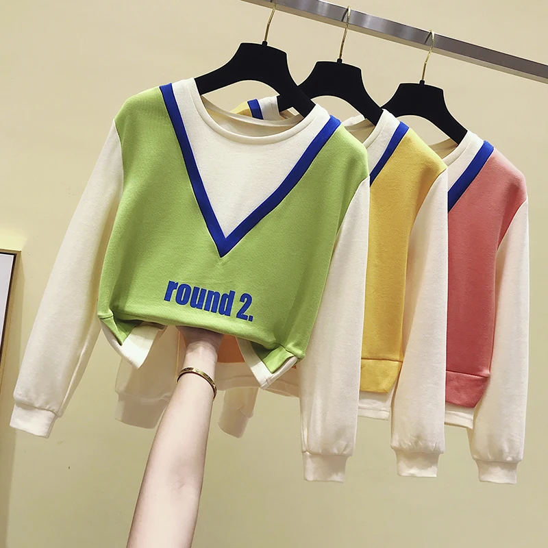 

Milinsus Autumn Winter 2019 Korean Loose Students Round Neck Fake Two Harajuku Hoodie Women Hoodies Pullover Kpop Streetwear