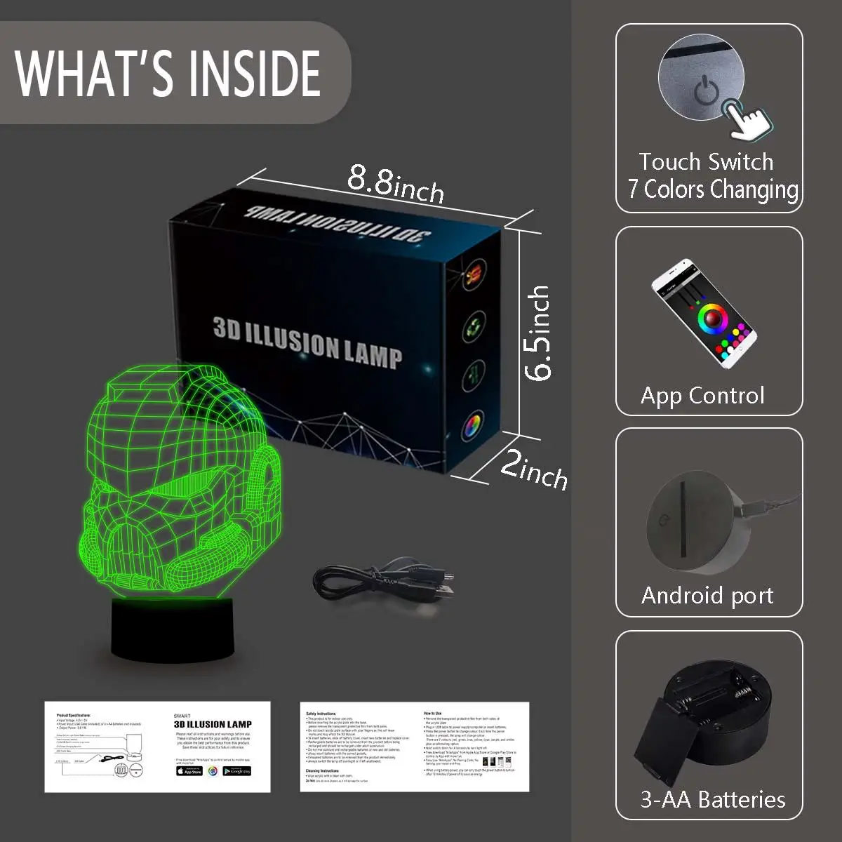 NiteApps 3D Shlem Orgsteklo ночник настольная Иллюзия украшение лампа подарок на день рождения приложение/сенсорный контроль