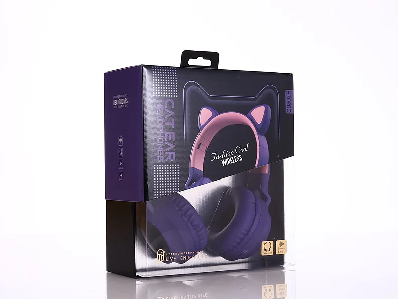 Kids Bluetooth Headset Wireless Music Cute Glowing Led Cat Ear Headphone for Girl Gift Stereo Earphone with Mic for Mobile Phone - Цвет: Purple with box