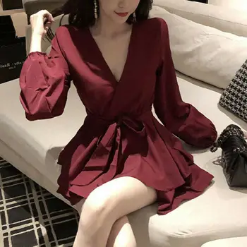 

2020 Women Solid V-neck Puff Off Long Sleeve Dress Ladies Ruffle A-line Mini Dress
