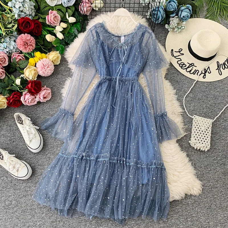 

2019 New Summer Sweet Retro Ruffle Long Sleeve Mesh A-line Dress Women Ruffle Vestidos Verano J381