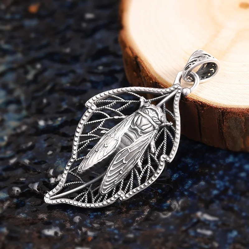 

Real 925 Sterling Silver Unique Necklace Men Vivid Cicada & leaves Pendant Necklace for Women Man Fashion Rock Punk Jewelry