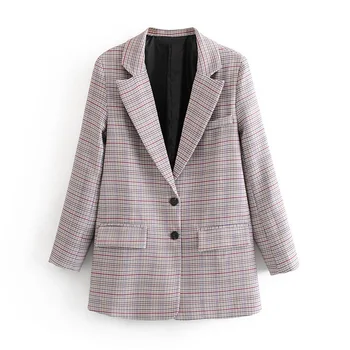 

2020 Retro plaid double breasted suit jacket office ladies blazer pockets work design wear tops