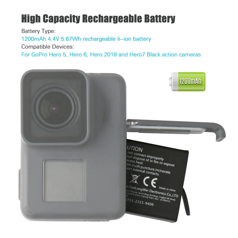 1200mAh 4,4 V литий-ионная аккумуляторная батарея для GoPro Hero 5 Hero 6 Hero Hero 7 батарея большой емкости для экшн-камеры