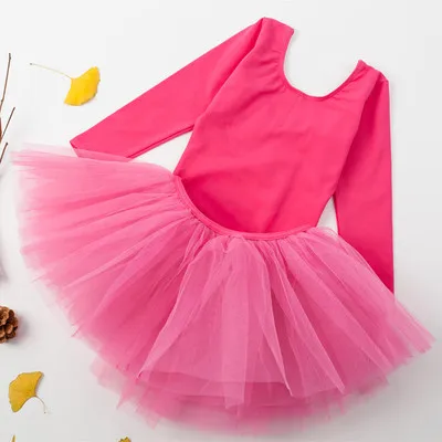 Bright pink Балетное платье для девочек гимнастическая трико с длинными рукавами для малышей, балетная Одежда для танцев с шифоновой юбкой детское платье балерины - Цвет: Bright pink