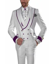

Ivory Blazer With Purple Edging Men Suit 3pcs Costume Homme Groom Wedding Bridegroom Clothes Dinner Party Wear Not Include Shirt