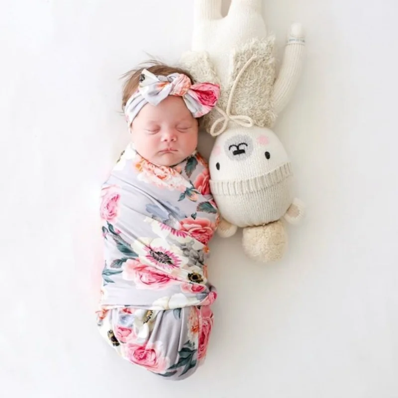 

2pcs Newborn Baby Floral Swaddle Wrap Swaddling Sleeping Bag Blanket Headband Set