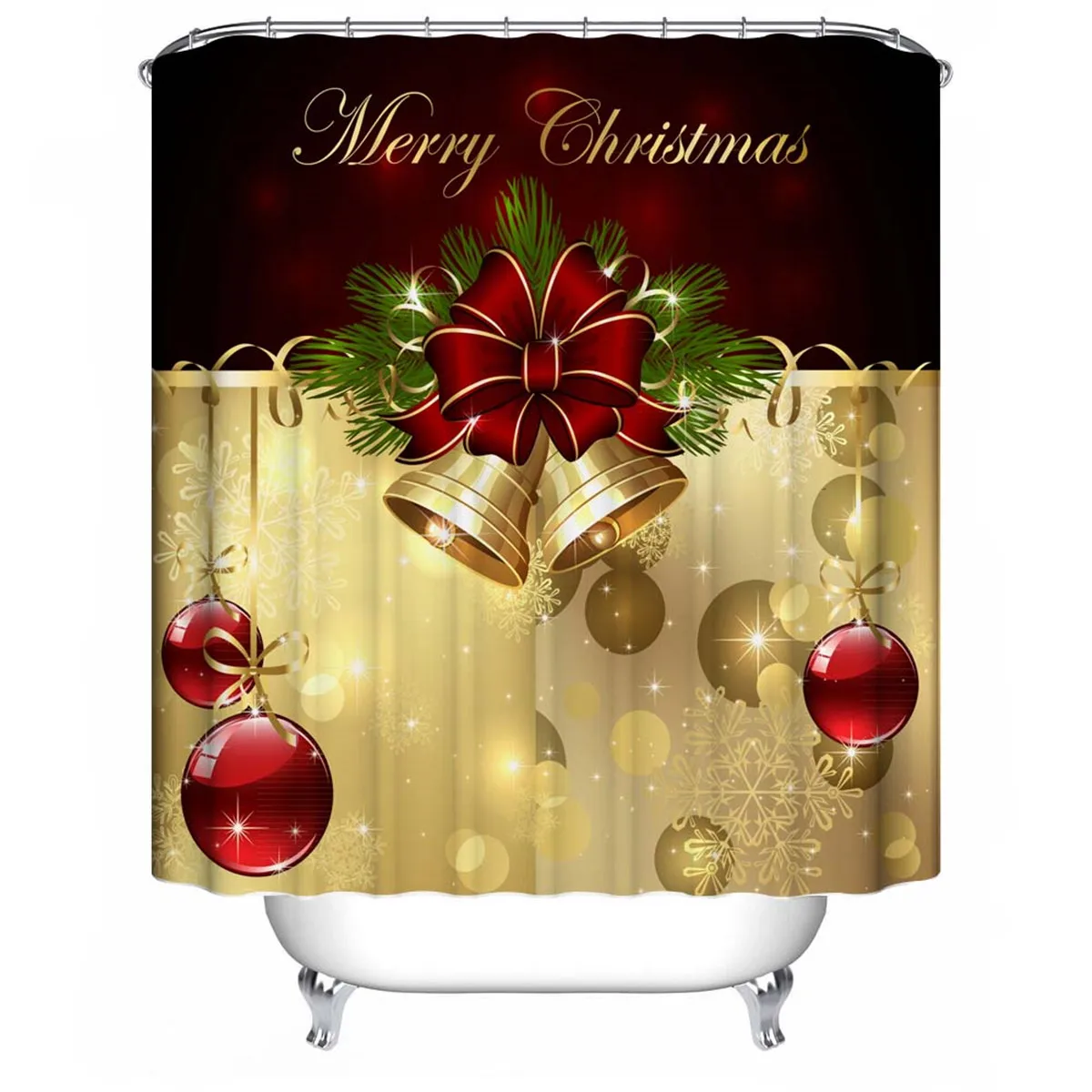 Рождественская занавеска для душа Санта-Клаус, набор для ванной, снеговик, колокольчик, узор, занавеска для ванной, нескользящая Крышка для туалета, коврик - Цвет: Golden Bell Bow