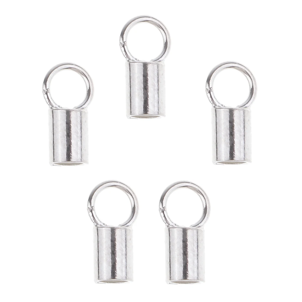 5 Pieces 925 Sterling silver color Tube Crimp Beads Leather Cord End Caps with Loop Jewelry Findings 2mm Inner Diameter
