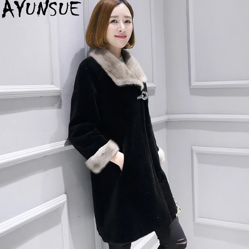 

AYUNSUE Sheep Shearling Fur Coat Winter Jacket Women Clothes 2019 real Mink Fur Collar 100% Wool Coat Female Long Jackets MY4179