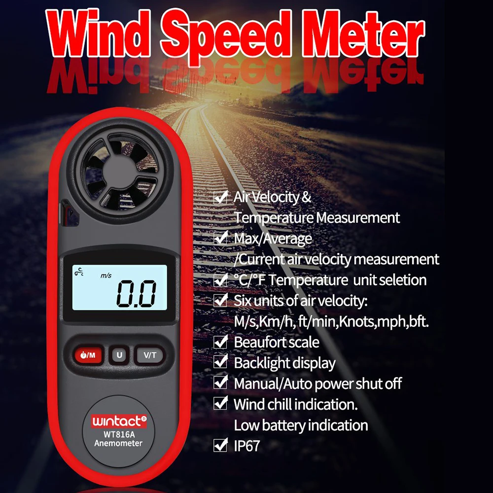 Мини цифровой Ручной измеритель скорости ветра весы Анемометр Термометр WT816A