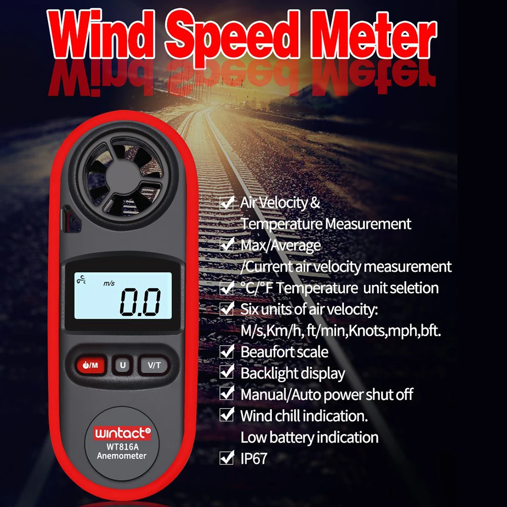 

WT816A Digital Anemometer Handheld Wind Speed Meter WaterProof For Measuring Wind Speed Temperature And Wind Chill