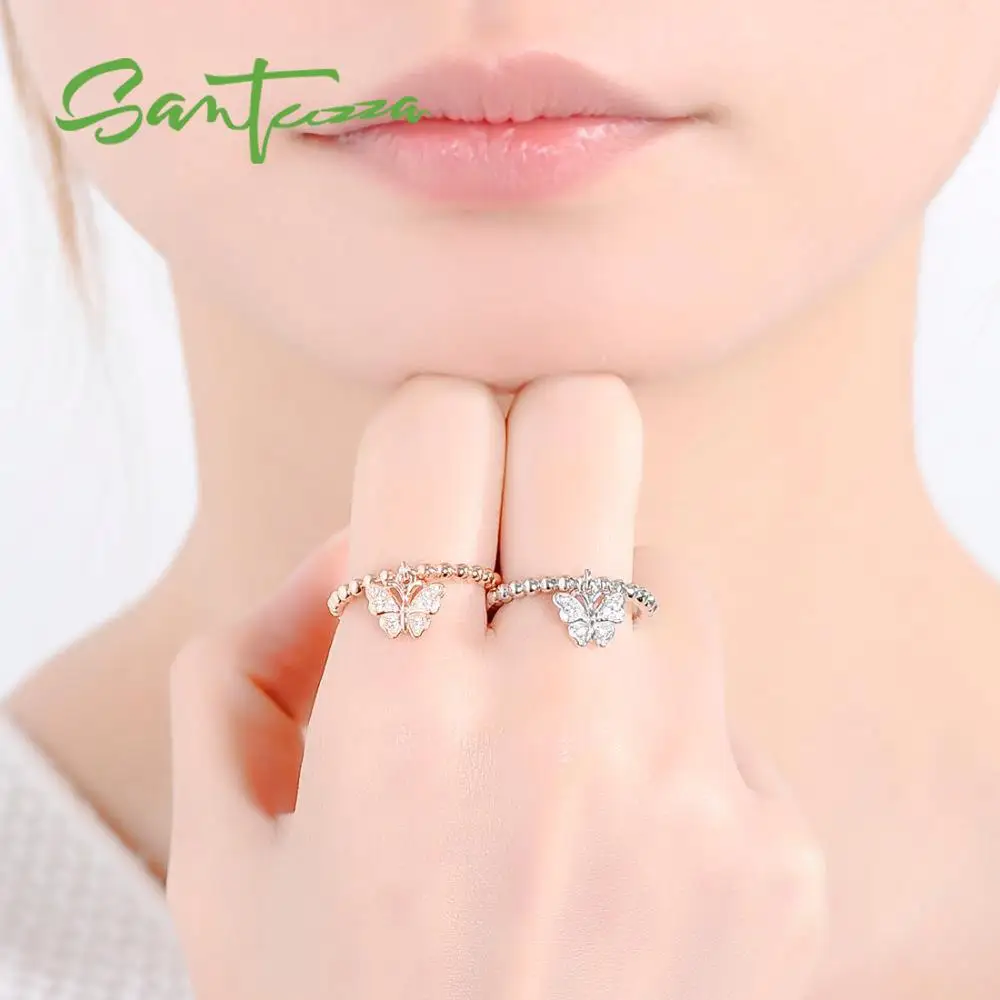 SANTUZZA, серебряное кольцо для женщин, 925 пробы, серебряные кольца, розовое золото, Бабочка, кубический цирконий, набор колец, вечерние ювелирные изделия