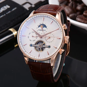 

Corgeut top luxury brand 44mm Moon phase clock Rosegold Hands week&Complete Calendar Mens Automatic Machine watch часы мужские