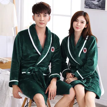 

Couple Thick Coral Fleece Kimono Bathrobe Gown Sleepwear Flannel Winter Warm Nightgown Nightwear Women Home dress Plus Size 3XL