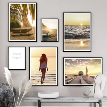 

Girl Sunset Beach Lighthouse Landscape Wall Art Canvas Painting Nordic Posters And Prints Wall Pictures For Living Room Decor