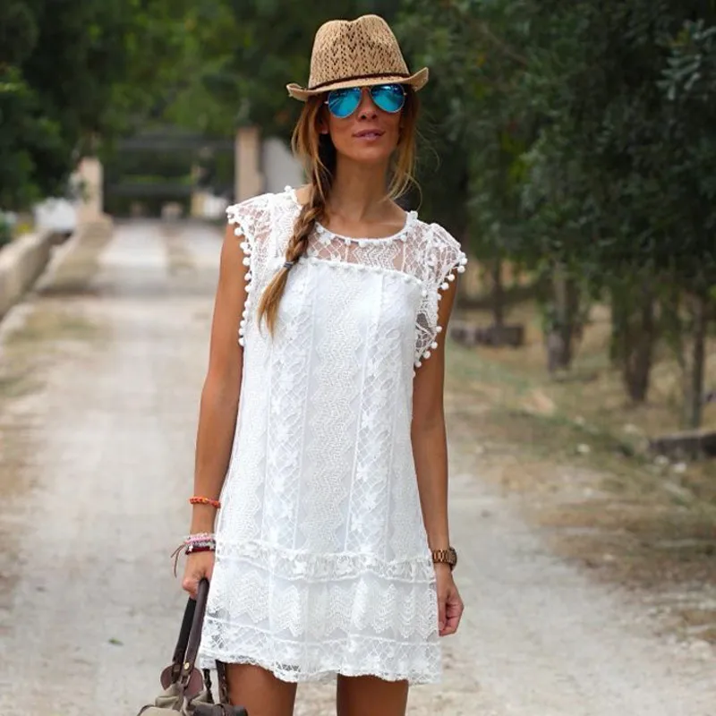 

Summer Beach Wear Mini Dress Women White Lace Crotch Sleeveless Bikini Cover Up Hollow Out Sarong Kaftan Swimsuit Bathing Suit
