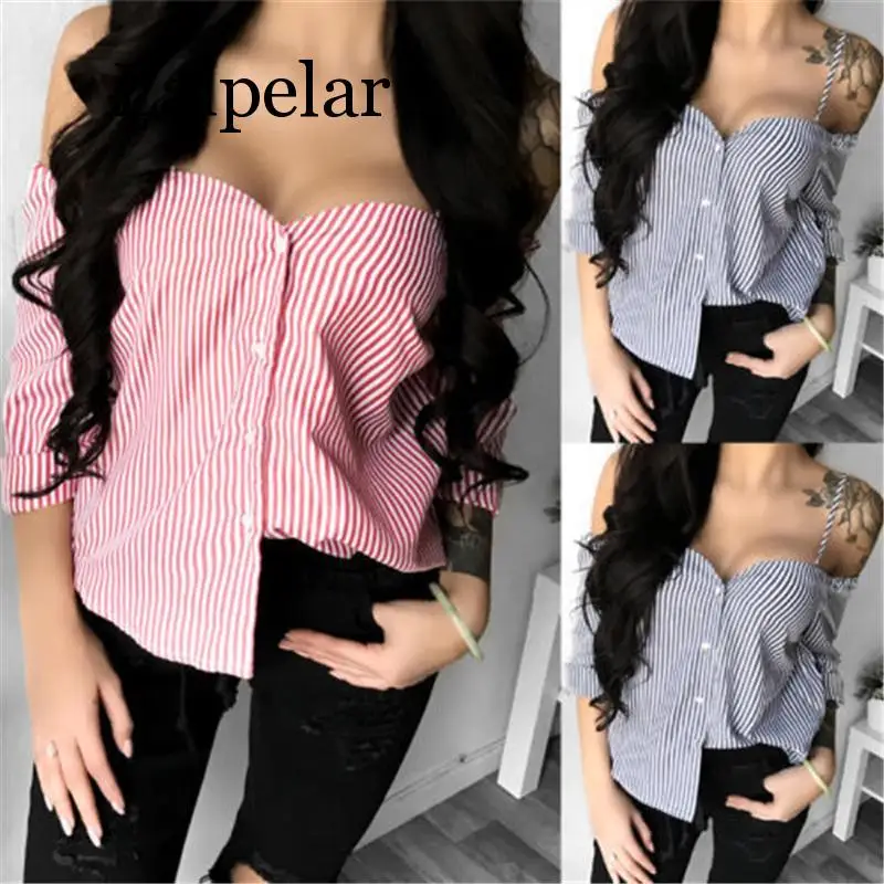 Women Ladies 2020 Shirts Summer Casual Loose Striped Shirt Loose Casual Blouse Camisas Mujer Blusas Feminine Off Shoulder Tops