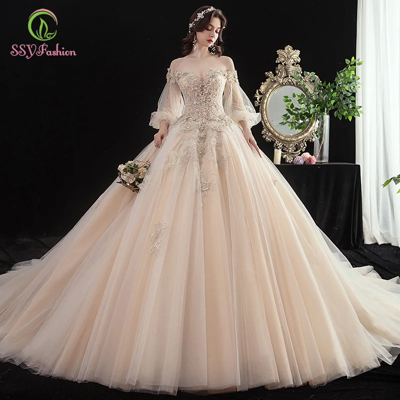 SSYFashion роскошное свадебное платье цвета шампанского Новые свадебные платья с