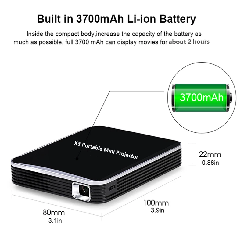 DLP X3 Mini Projector build Battery 2000 Lumens HDMI USB Portable Projector 1080P H.265 Home Cinema Projector 4K LED Projector DLP X3 Mini Projector build Battery 2000 Lumens HDMI USB Portable Projector 1080P H.265 Home Cinema Projector 4K LED Projector