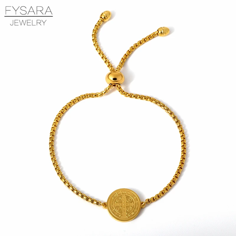 Gold color round FYSARA Крест Звезда Сердце Очаровательные Кристаллы золотые браслеты серебро Нержавеющая сталь звено цепи браслет для женщин Религиозные ювелирные изделия - Metal Color: Gold color round