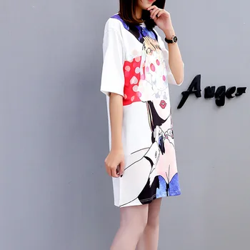 

Size Big Women T shirt Dress Summer New Masked Cartoon Girls Print Short Sleeve White Loose Casual Beach Short Dresses C 119 es