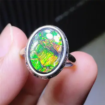 

Genuine Natural Ammonite Ammolite Green Yellow Gemstone Adjustable Ring 15x11mm 925 Sterling Silver Fashion Ring AAAAAA