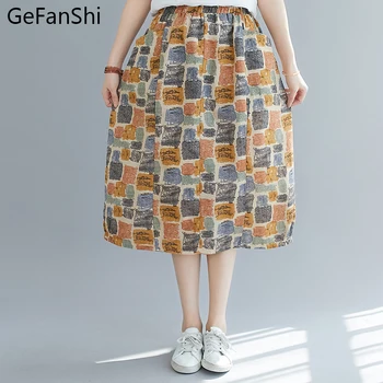 

2020 New Summer Fashion Women Print Cotton Linen Skirt High Waist A-Line Skirt Elegant Casual Cute Ladies Skirt