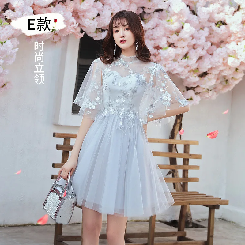 Современные белые кружева Cheongsam Китай невесты Пряжа юбка Qi Pao женское китайское вечернее китайское платье-Ципао продвижение сестра длинные платья - Цвет: Gray short section E