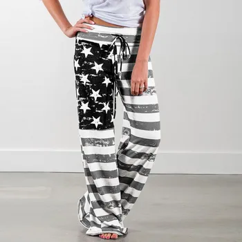 

2020 Woman pants American Flag Drawstring Wide Leg Pants Leggings штаны женские