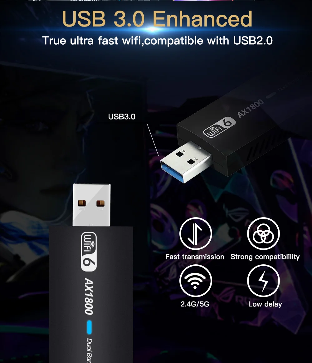 1800Mbps WiFi 6 USB Adapter 5G/2.4GHz USB3.0 Wi-fi Dongle Wireless 802.11ax Network Card High Gain Antenna Windows 7 10 11 lan adapter for mobile Network Cards
