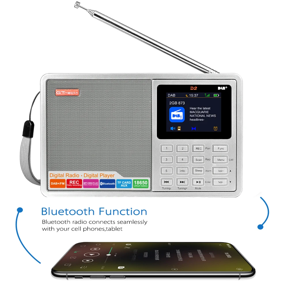 GTMEDIA D2 портативный DAB радио цифровой FM радио Bluetooth динамик AUX в TF слот для карты MP3 плеер наушники для записи разъем