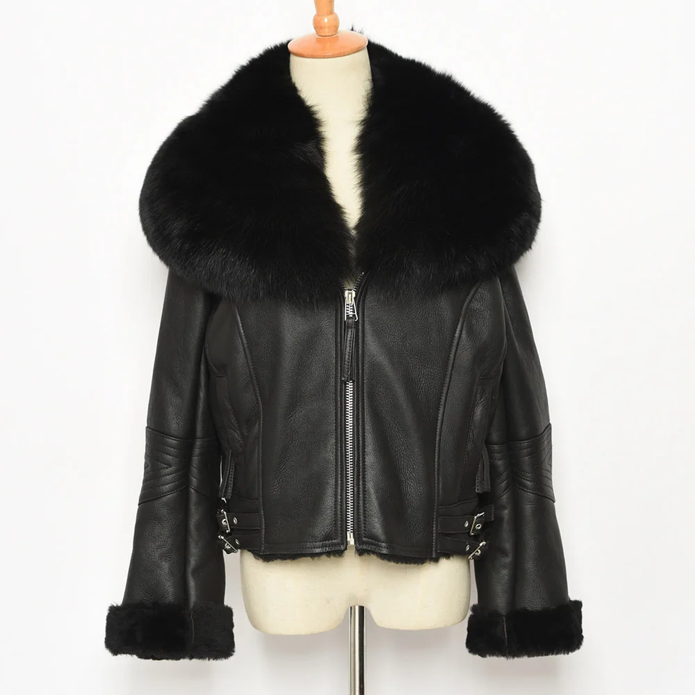 Женские куртки из натуральной овчины с воротником из натурального Лисьего меха, зимние женские пальто из овчины S7559 - Цвет: Black