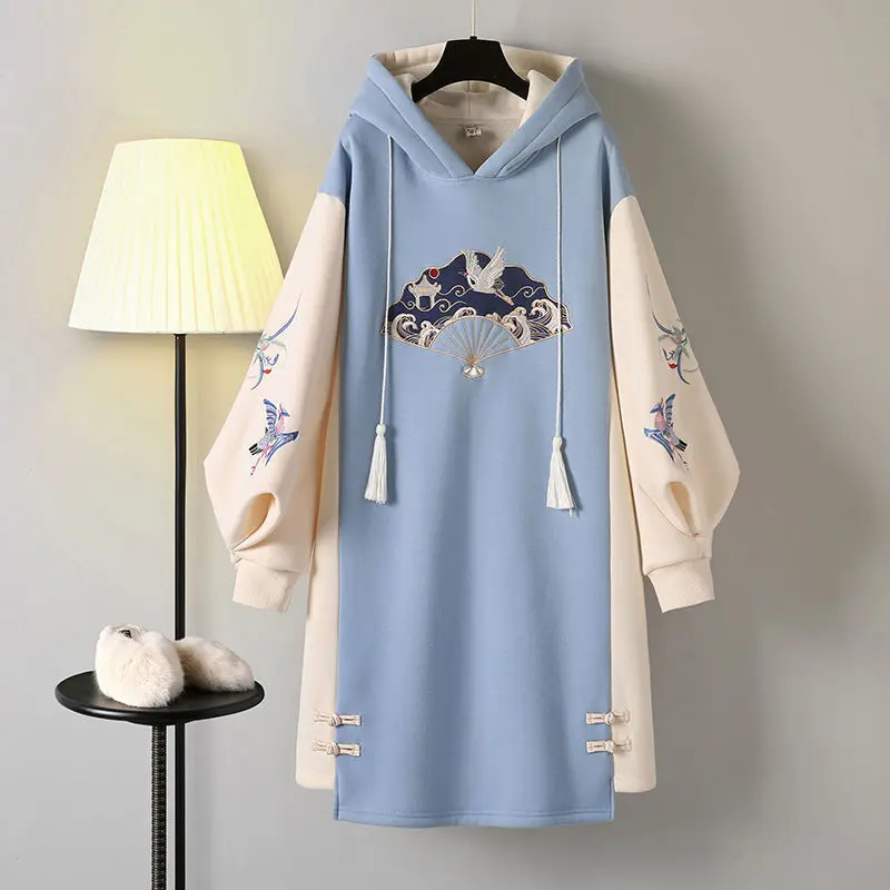Chinese Traditional Style Hoodies Harajuku High-necked Sweatshirt Dress Women Autumn Cheongsam Party Dresses Thick Long Robe