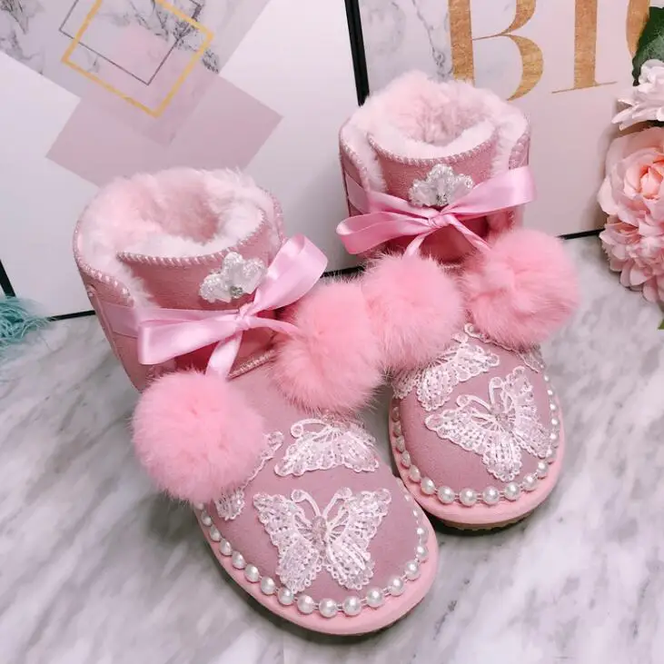 Hair ball snow boots heavy work little fairy butterfly embroidery short tube big cotton boots winter new pink