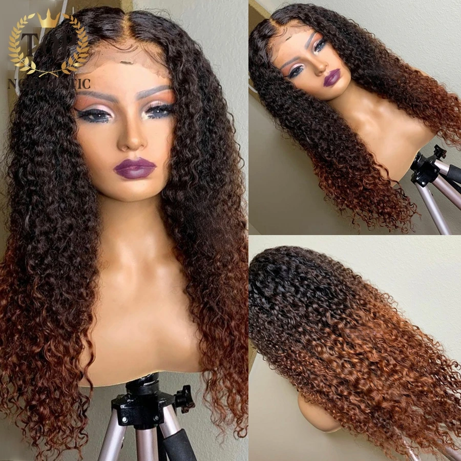 Topnormantic Ombre Brown Color Remy Human Hair 13x4 Lace Front Wigs for Women 4x4 Closure Deep Curly Wig Preplucked Hairline