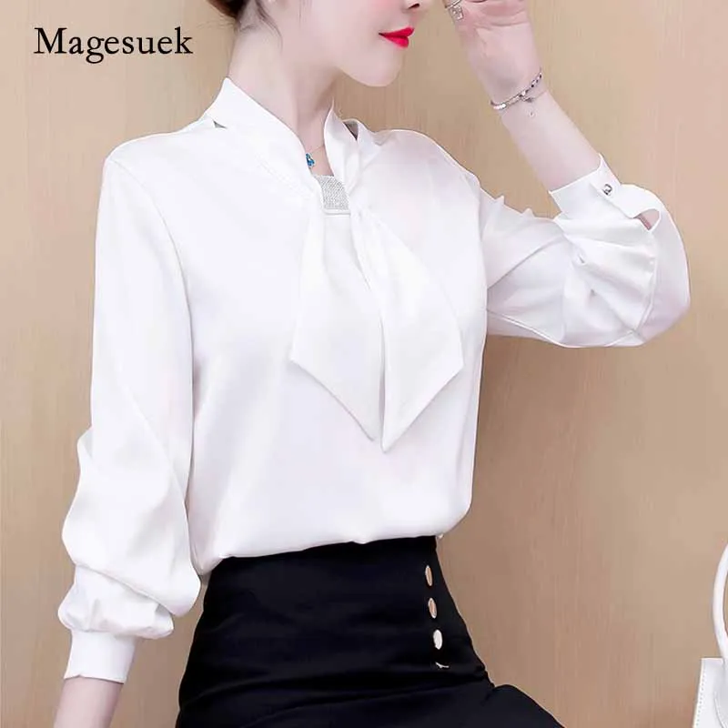 Женская блузка с длинным рукавом элегантная рубашка в офисном стиле топы лентами