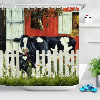 

Farm Barn Cow Shower Curtain Farmhouse Decor Spring Fence Daisy Flower Animal Painting Art Bathroom Curtain Waterproof Polyester